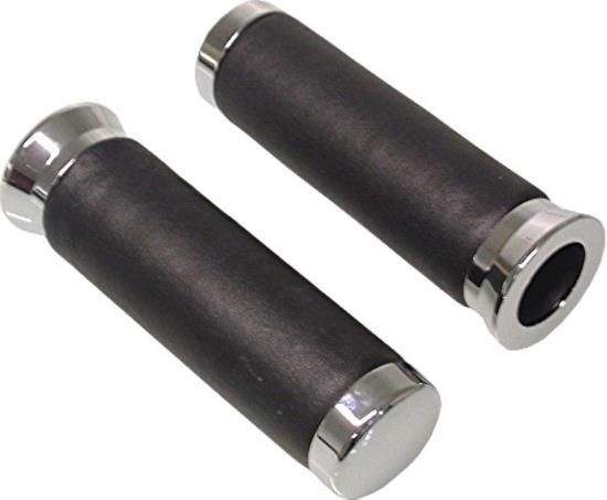 Picture of Grips Leather Black Chrome Ends to fit 7/8" bars (150mm) (Pair)